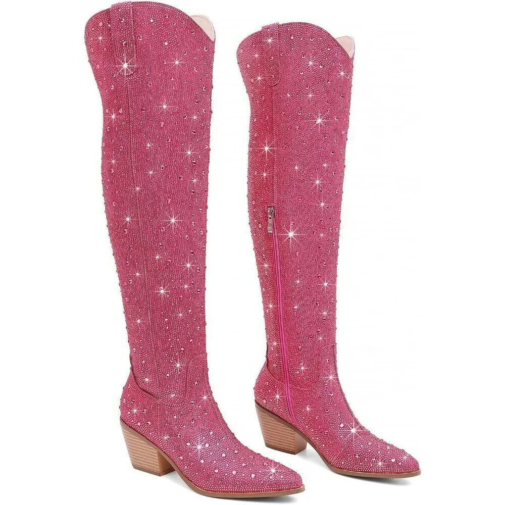 Women Hot-pink Faux Leather Sparkly Bling Rhinestone Over the Knee Cowboy Boots